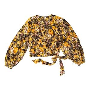Free People Floral Wrap V Neck Peasant Blouse - Yellow and Black Medium